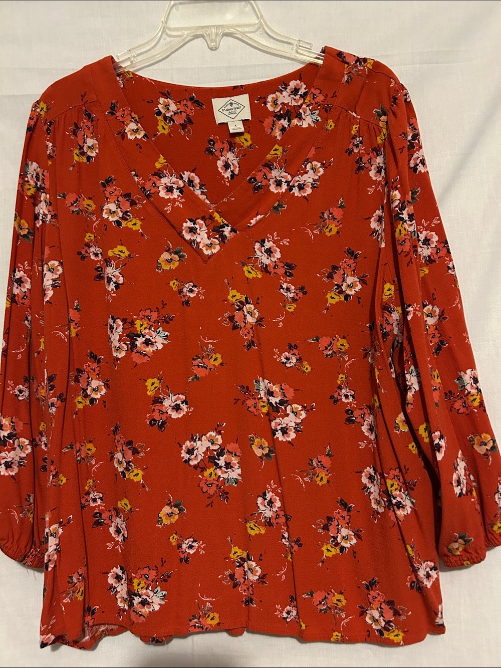 St. John's Bay Red Floral V-Neck Long-Sleeve Blouse